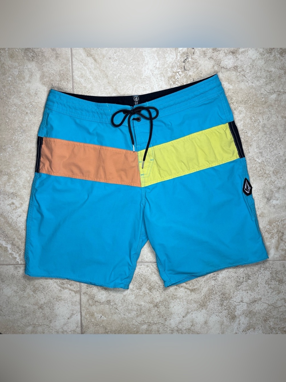 Volcom Men’s Turquoise Swim Shorts with Orange and Yellow Panels